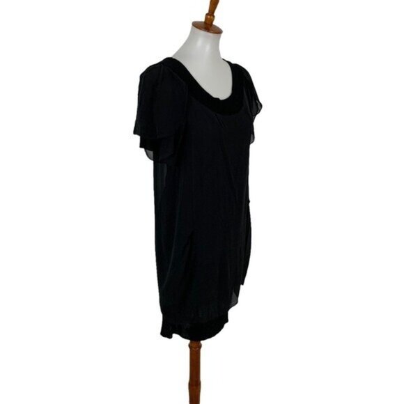 Black 100% Silk Sheer Flutter Sleeve Tunic Dress Womens Large Boho Minimalist - Picture 4 of 6